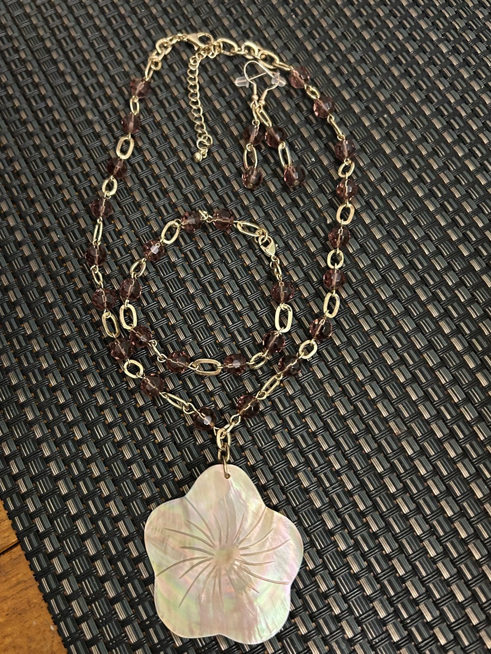Handmade Goldtone Chain Necklace with Purple Crystals & Shell Pendant